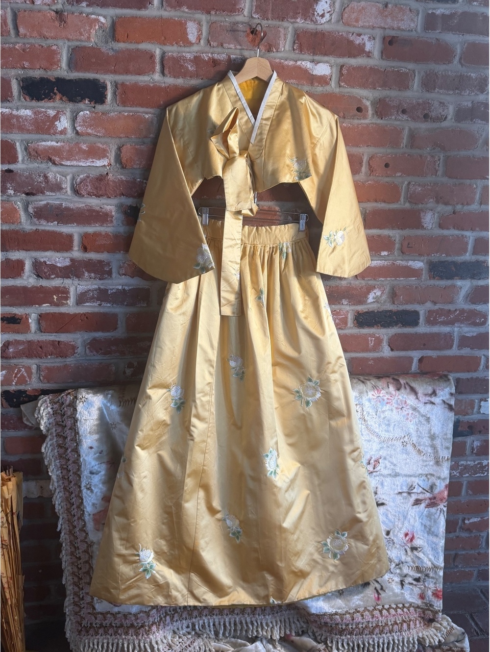 Traditional Yellow Satin Embroidered Two-Piece Dress Set